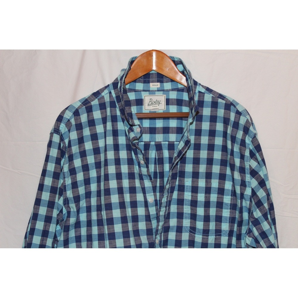 Bixby Nomad Mens XXL Blue Teal Buffalo Check Plaid Long Sleeve Button Down Shirt
